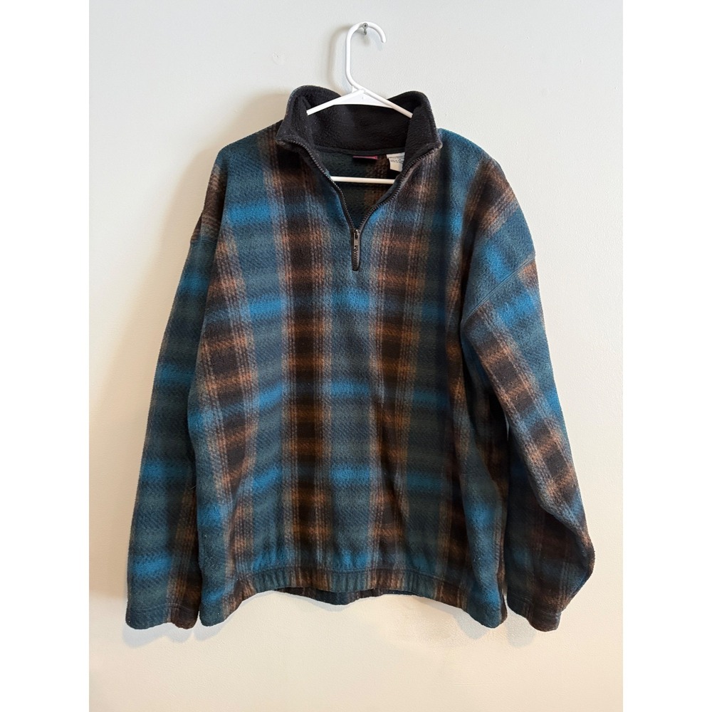 Vintage Bugle Boy Company Mens Plaid Fleece Quarter Zip Pullover Blue Brown M‎